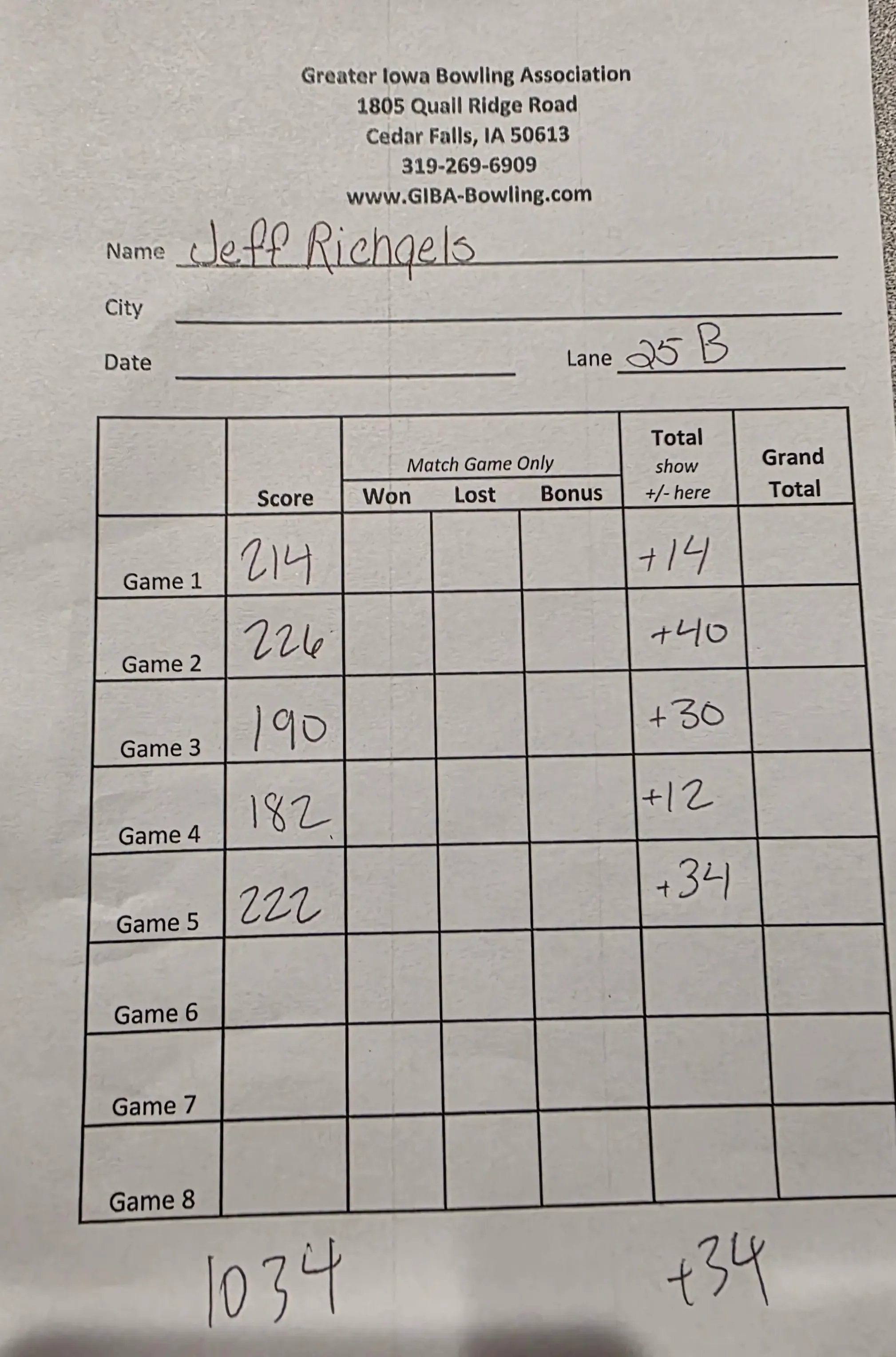 Jeff Richgels scoresheet 2026 GIBA 11thFrame.com Open sweeper